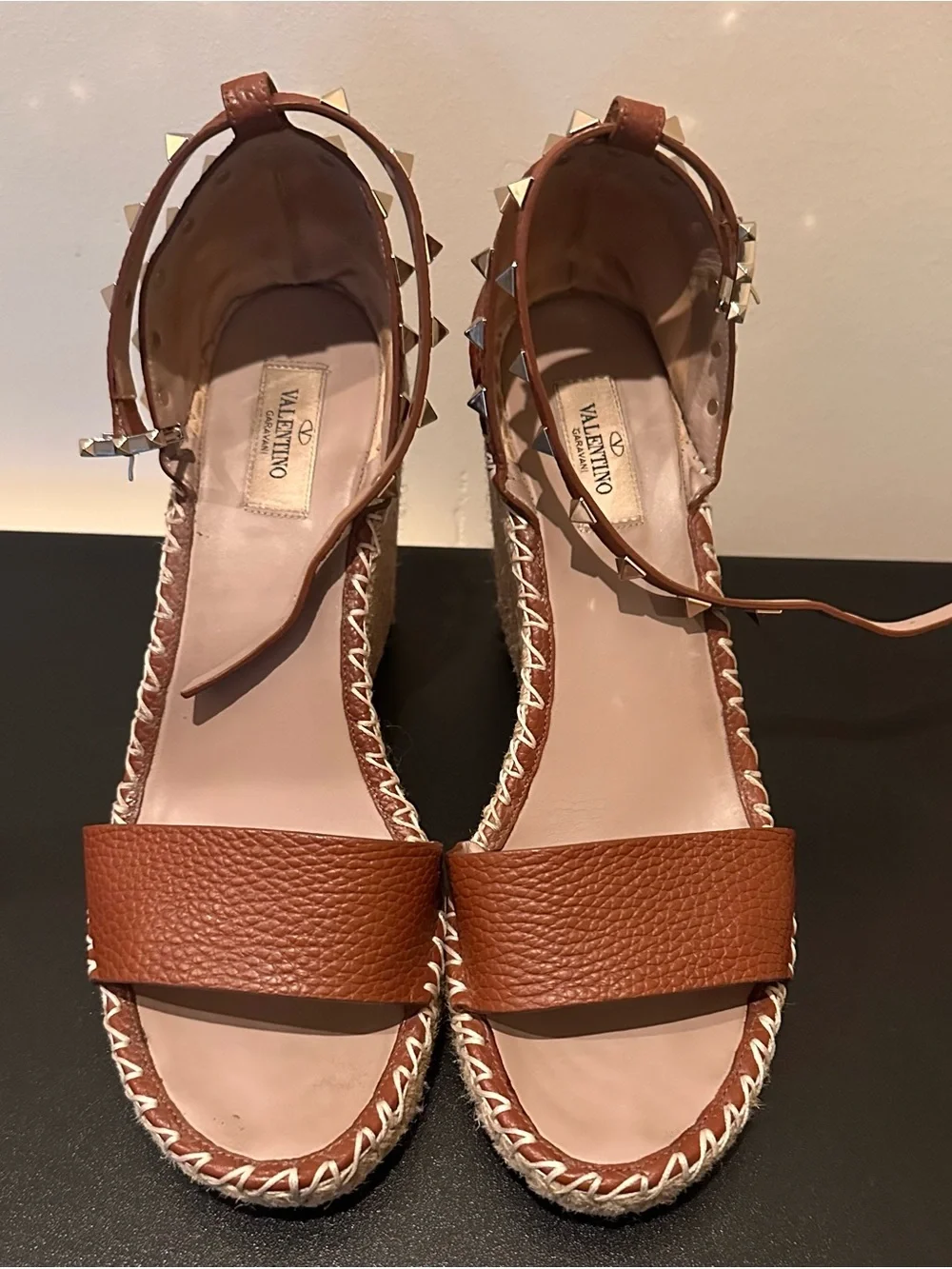 Valentino Tan Leather Studded Ankle-Strap Espadrille Wedges